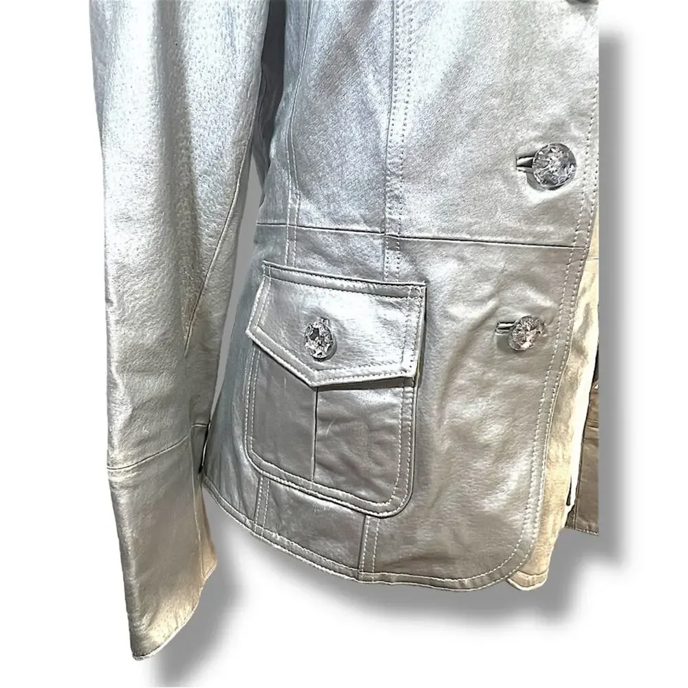 BRADLEY Elegant Silver Metallic Leather Oversize Rhinestone Buttons Jacket M